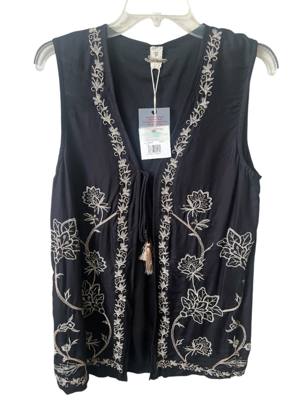 NWT Nekane Embroidered Boho Vest Black Gold Metallic Tassel Tie Size Small - Picture 2 of 10